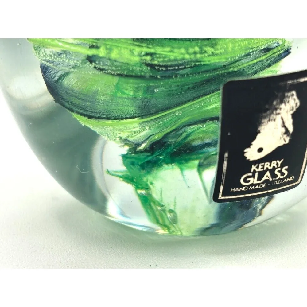 Kerry Glass Art Blown Glass Paperweight Owl‎ Green Swirl Hand Made in Ireland